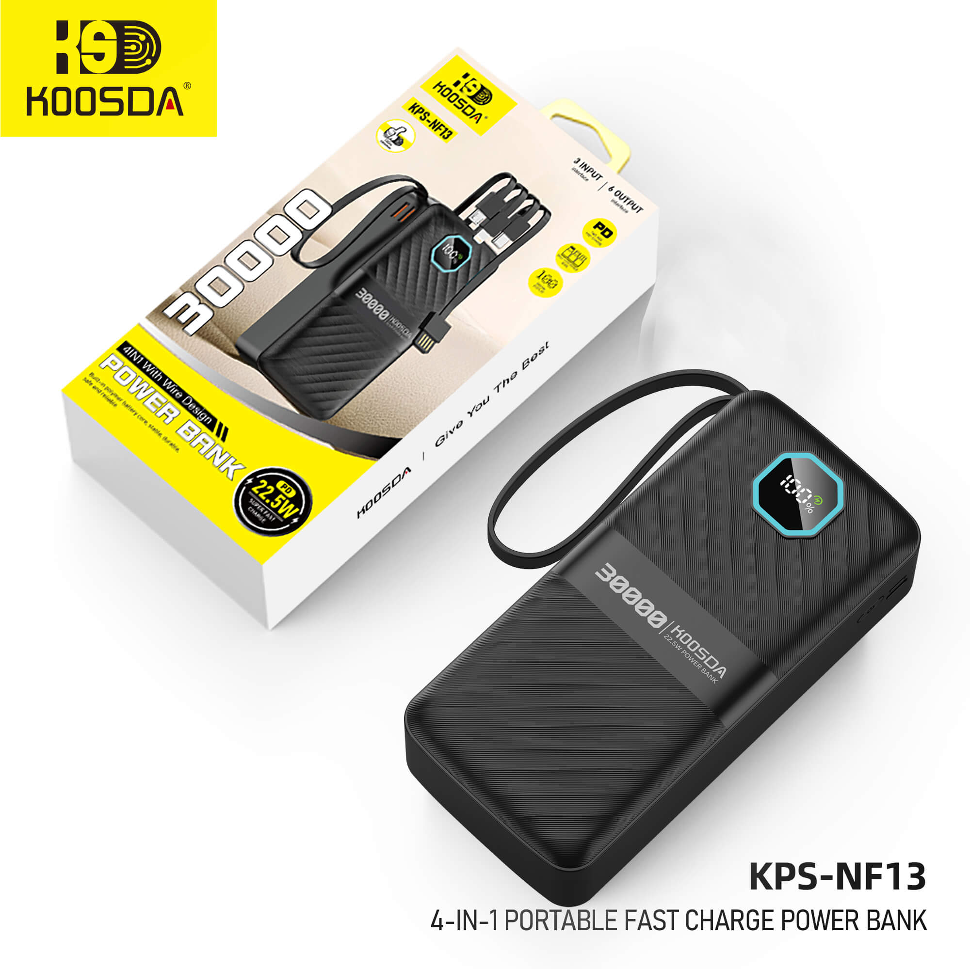 KPS-NF13 4-IN-1 Portable 22.5W Fast Charge Power Bank 30000mAh