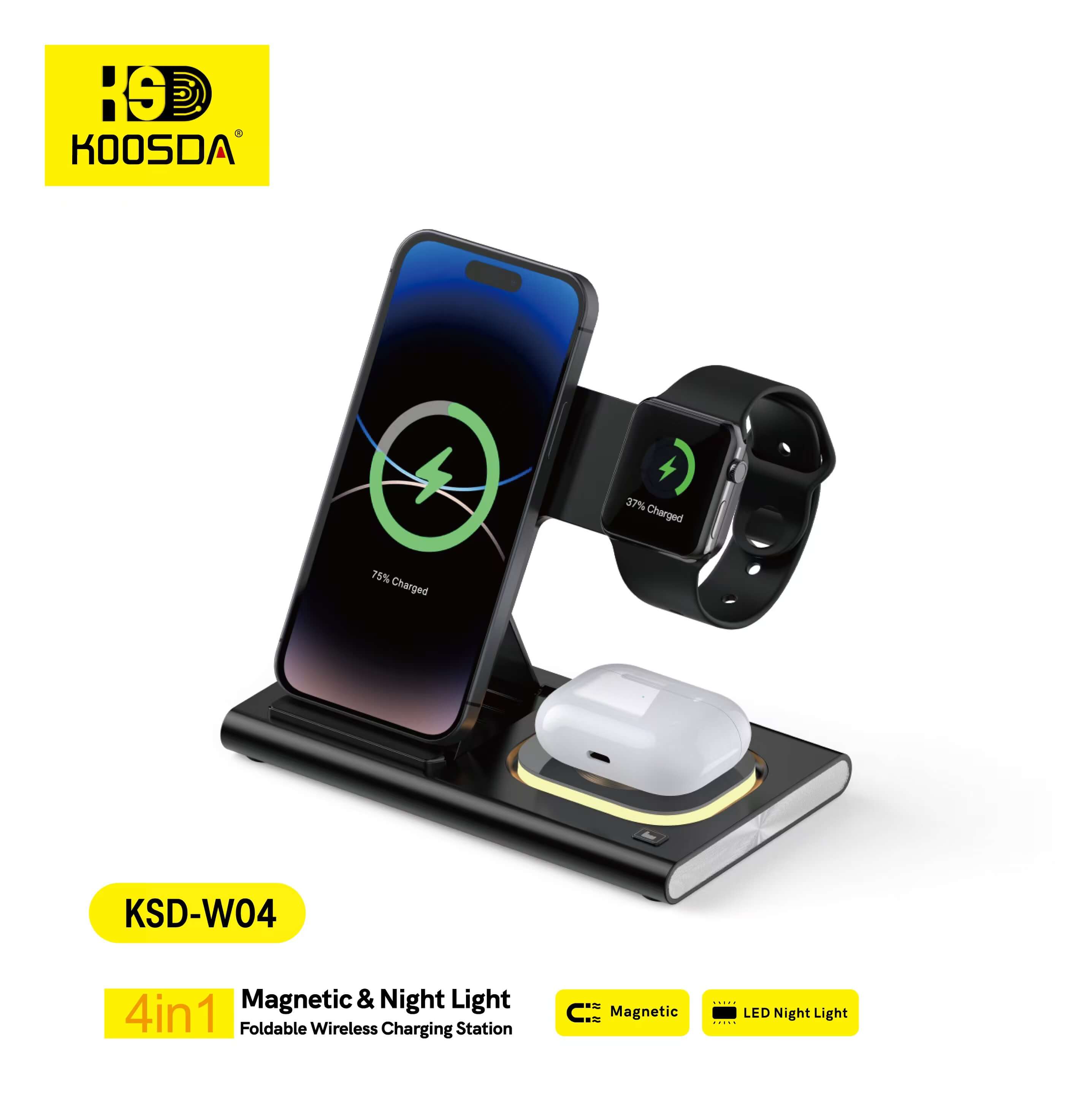 KSD-W04 4-IN-1 Magnetic & Night Light Foldable Wireless Charging Station