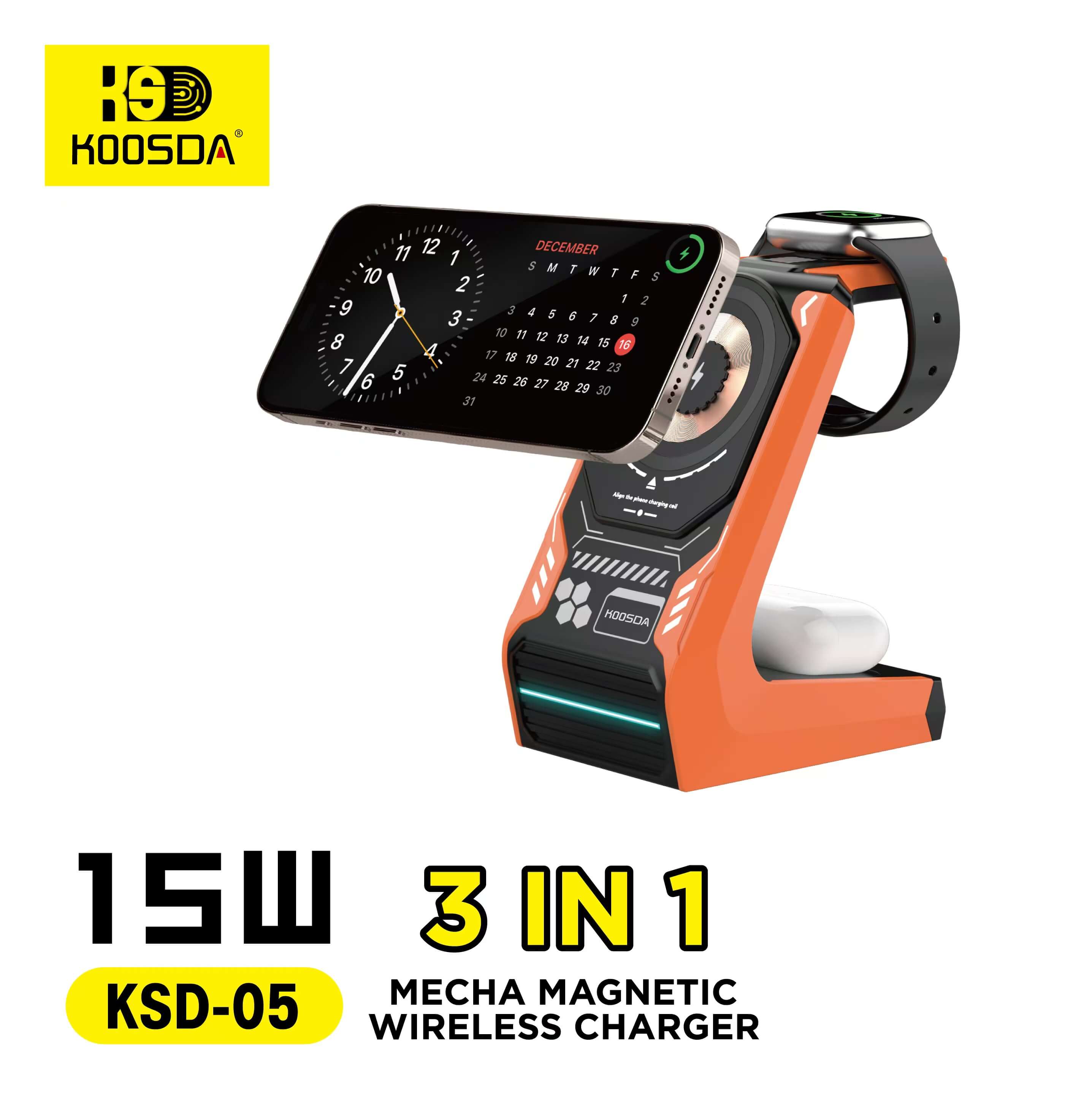 KSD-05 3-IN-1 Mecha Magnetic Wireless Charger