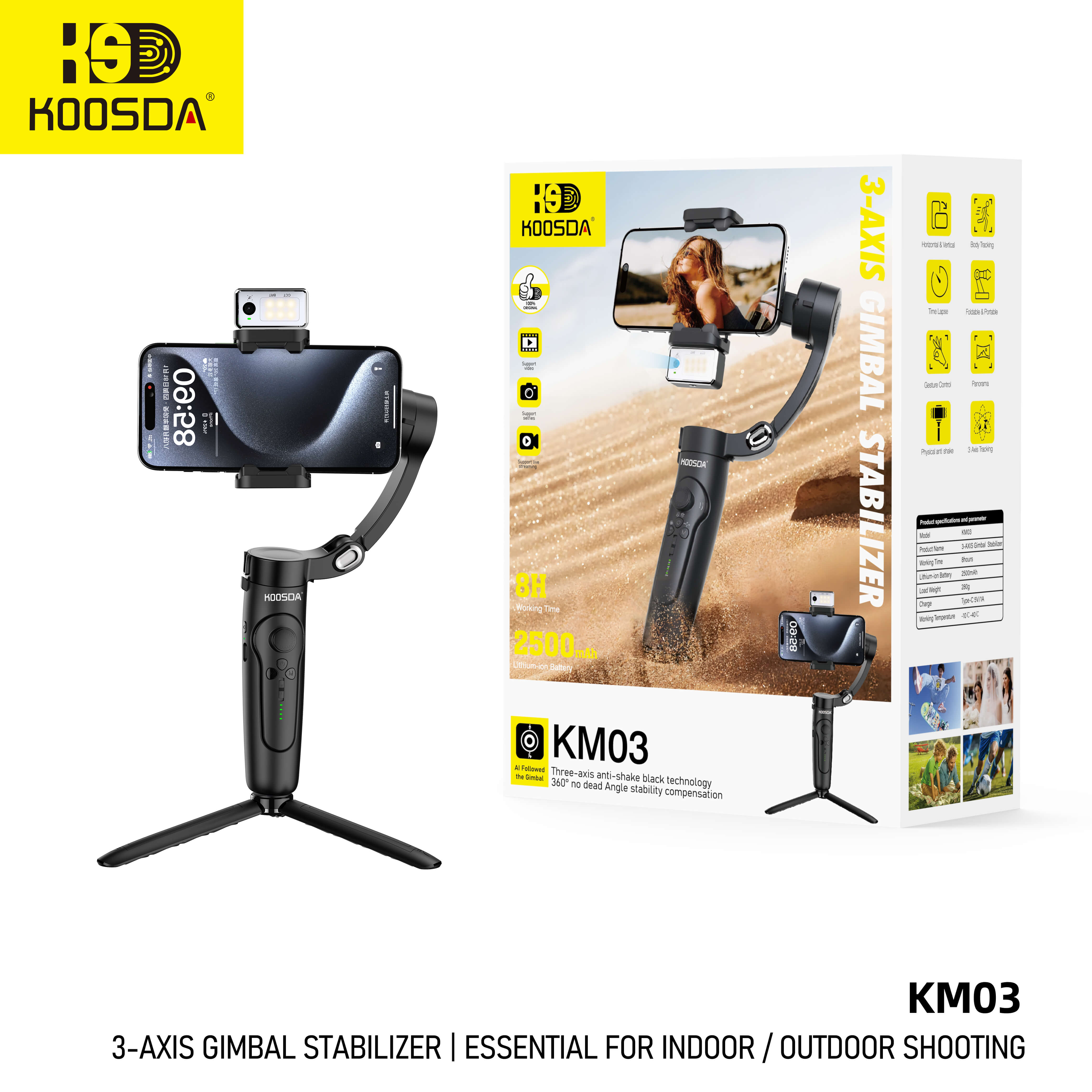 KM03 3-AXIS Gimbal Stabilizer Al Object Tracking Gesture Remote Control Shooting