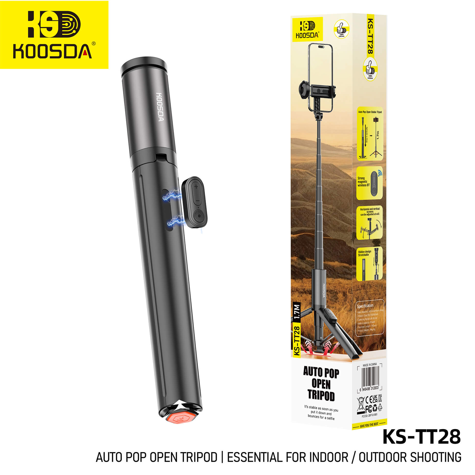 KS-TT28 Auto Pop Open Selfie Stick Tripod 1.7m