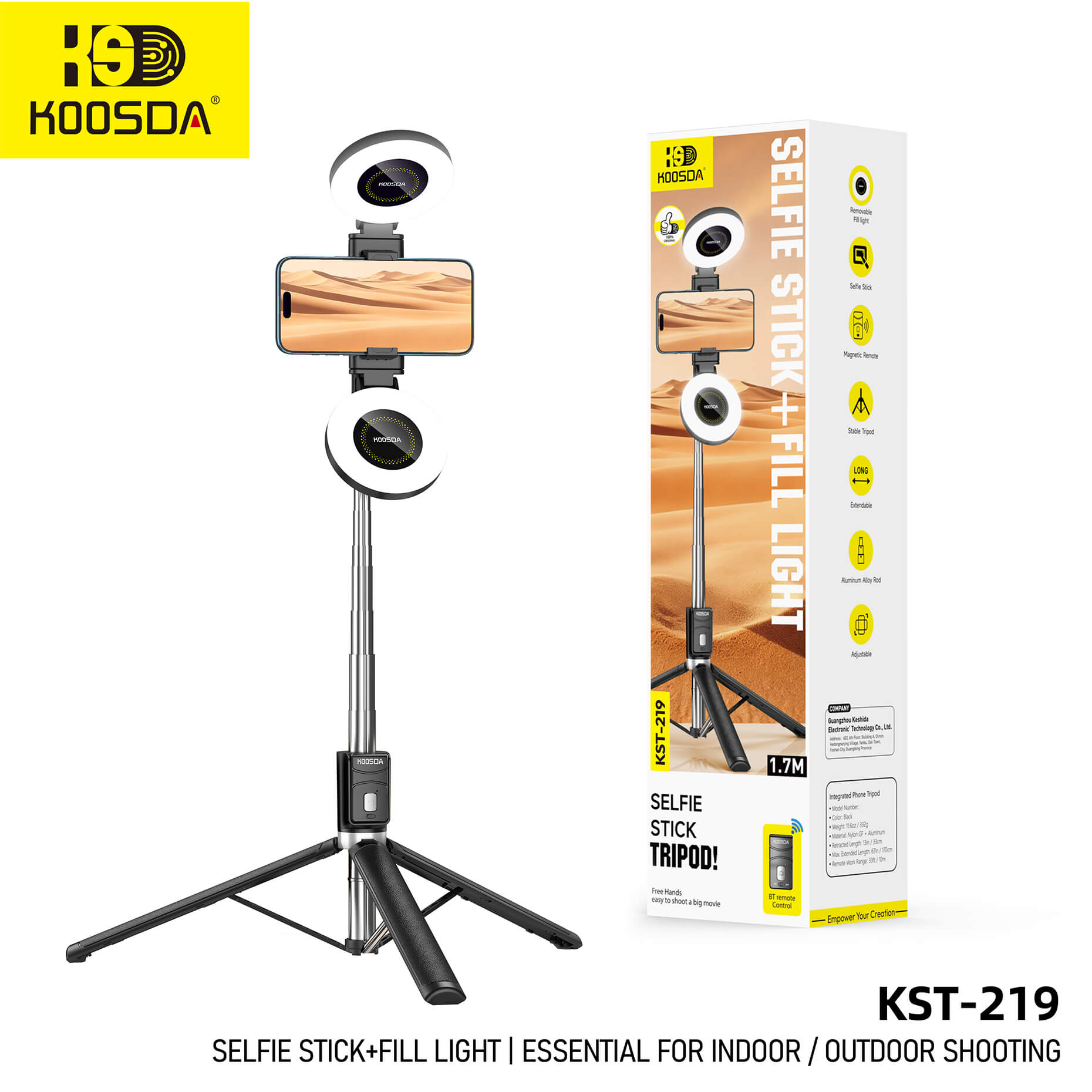 KST-219 Selfie Stick With Duble Light 1.7m