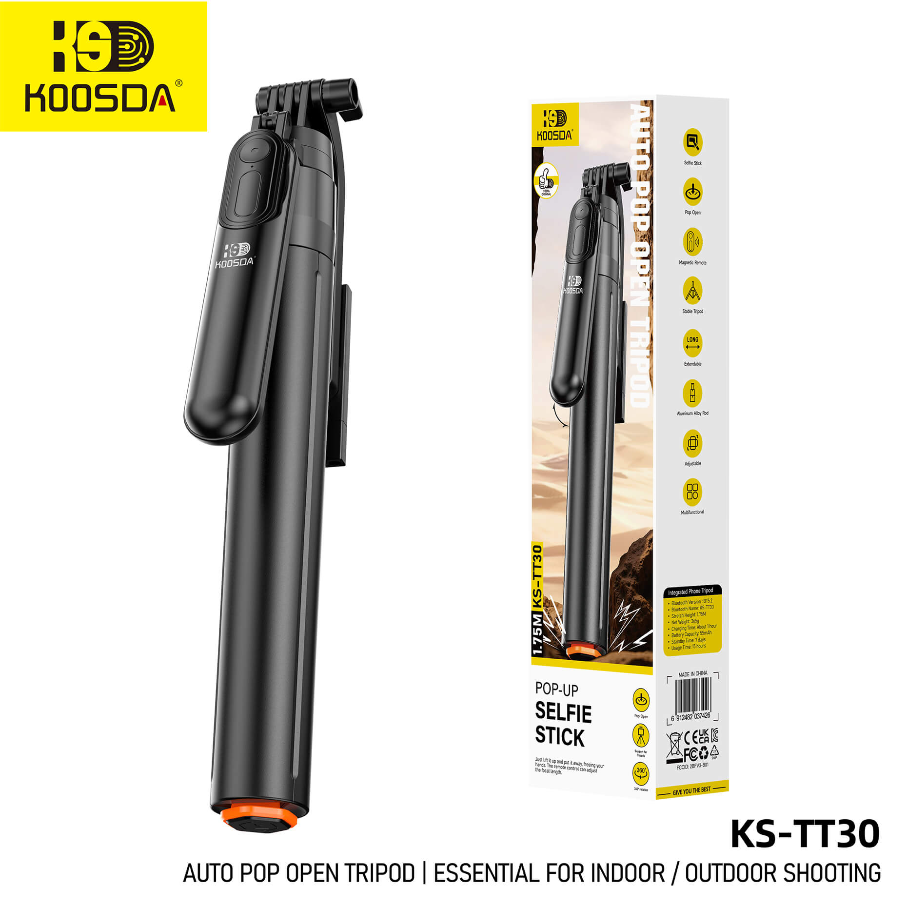 KS-TT30 Auto Pop Open Sefie Stick Tripod 1.75m