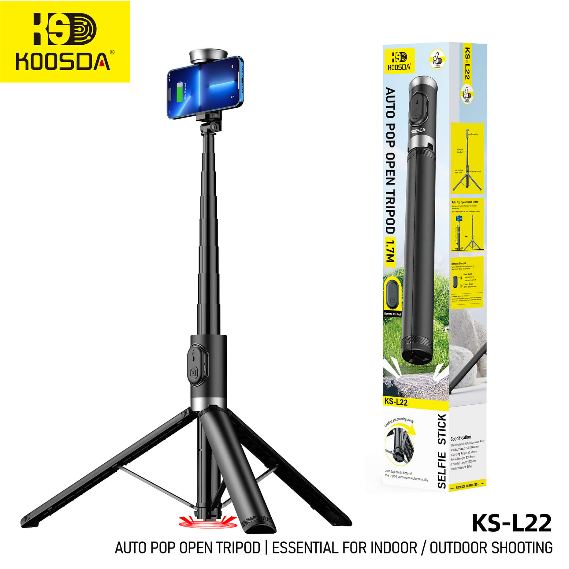 KS-L22 Auto Pop Open Selfie Stick Tripod 1.7m