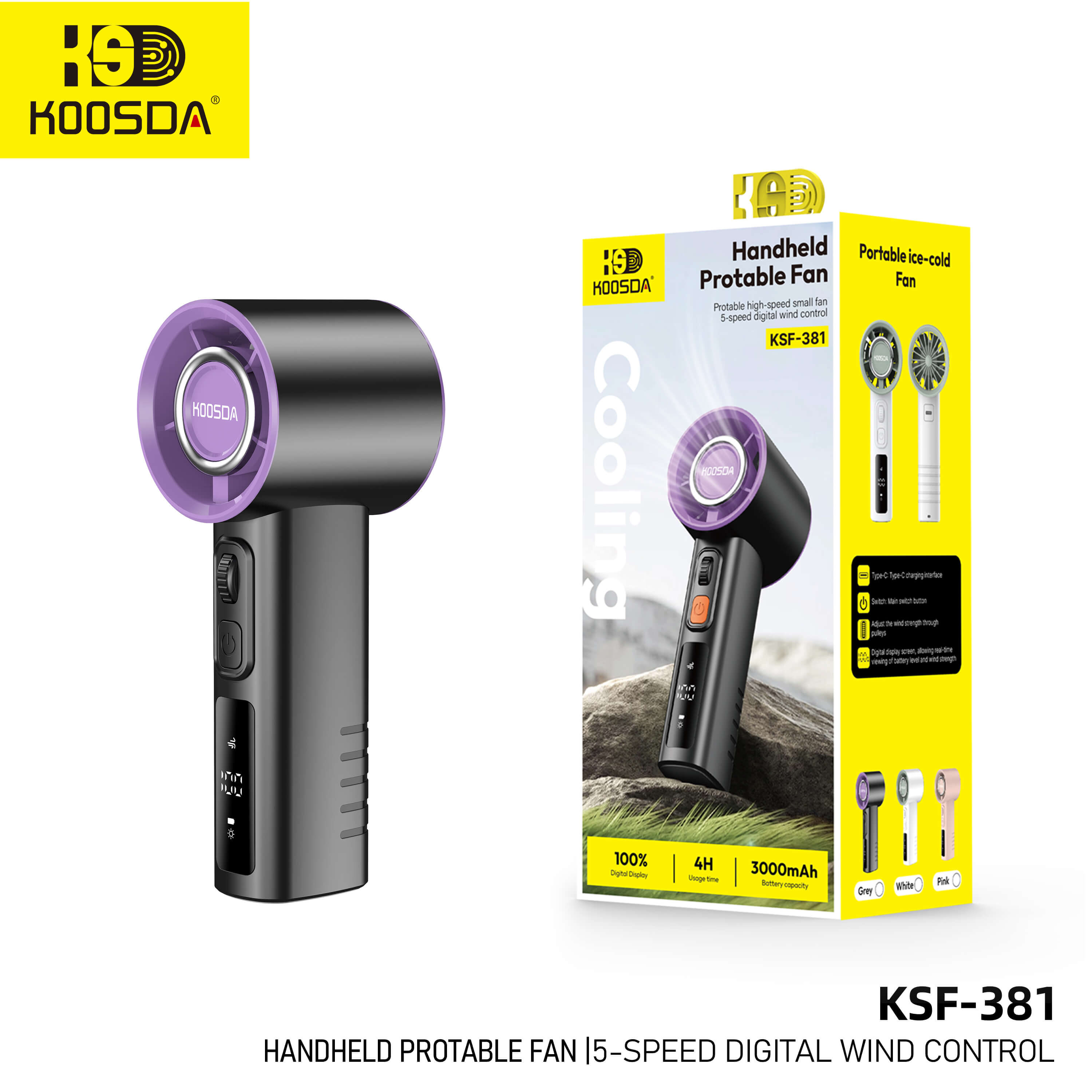 KSF-381 Handle Protable Fan 4h 5-Speed Digltalwind Control